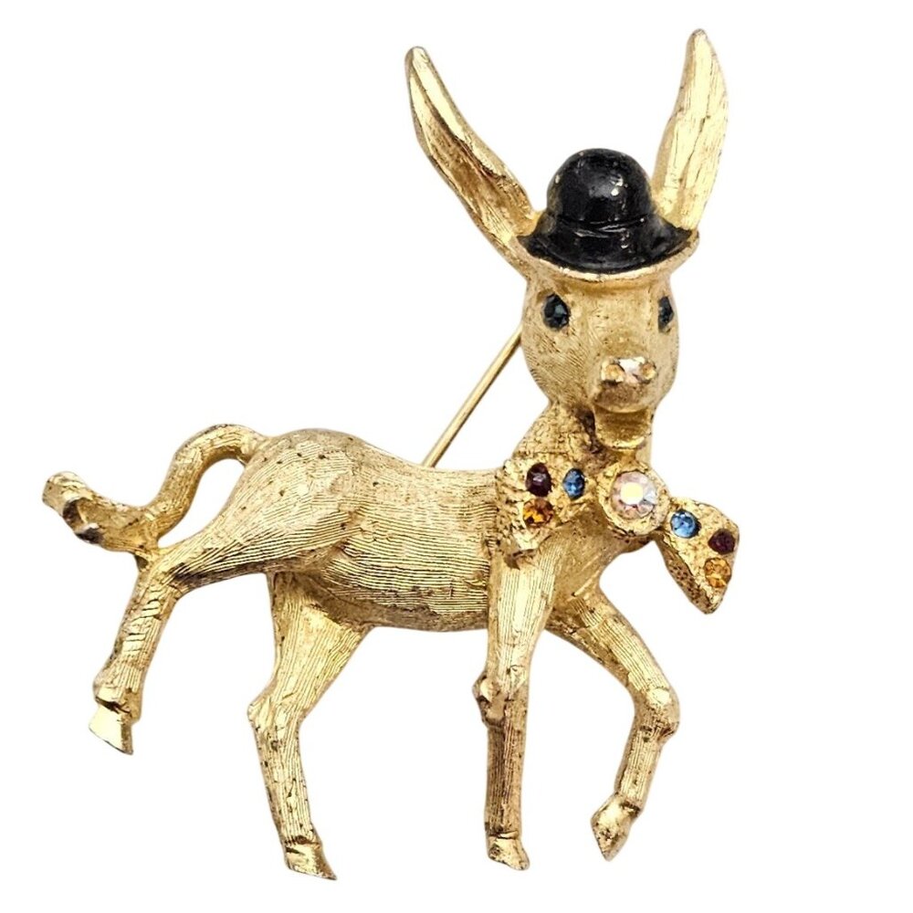 Mylu Donkey Brooch Rhinestone With Bow Tie And Hat Pin Signed, C967
